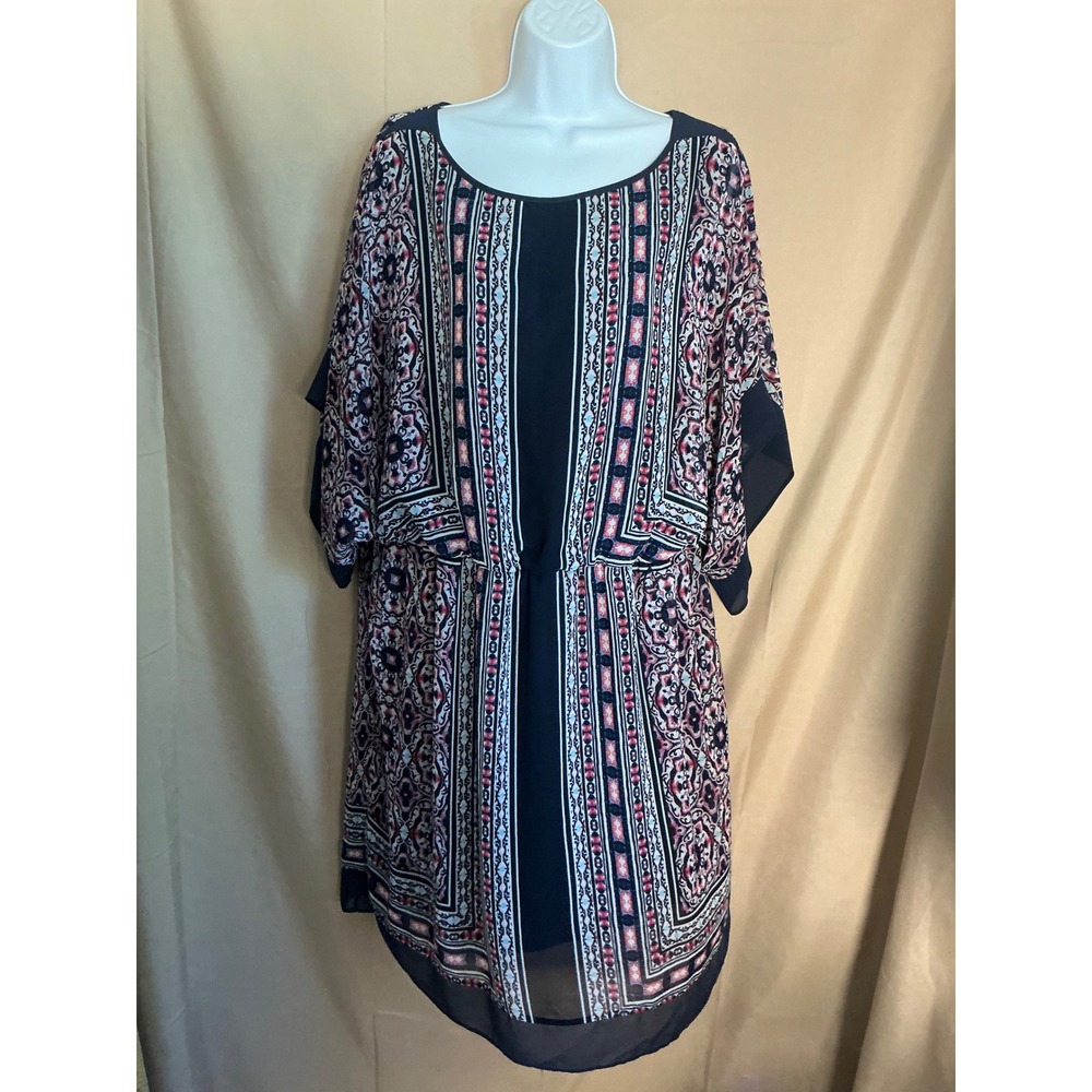 Christopher & Banks Dress Women 16 Navy Pink Geometric Excellent Dolman Elastic